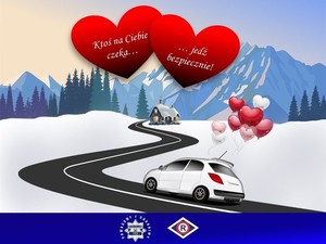 Plakat przedstawiający drogę, samochód i serca.